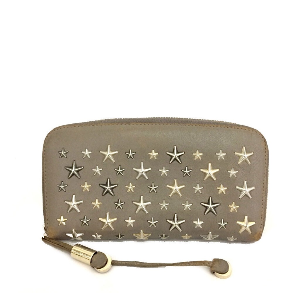 Auth. JIMMY CHOO Star Studded Long Zip Around Wallet Leather Gold-tone Taupe
